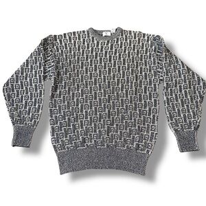 Vintage Men’s 90s Crewneck Sweater Black Blue White Patterned Valentino Garavani